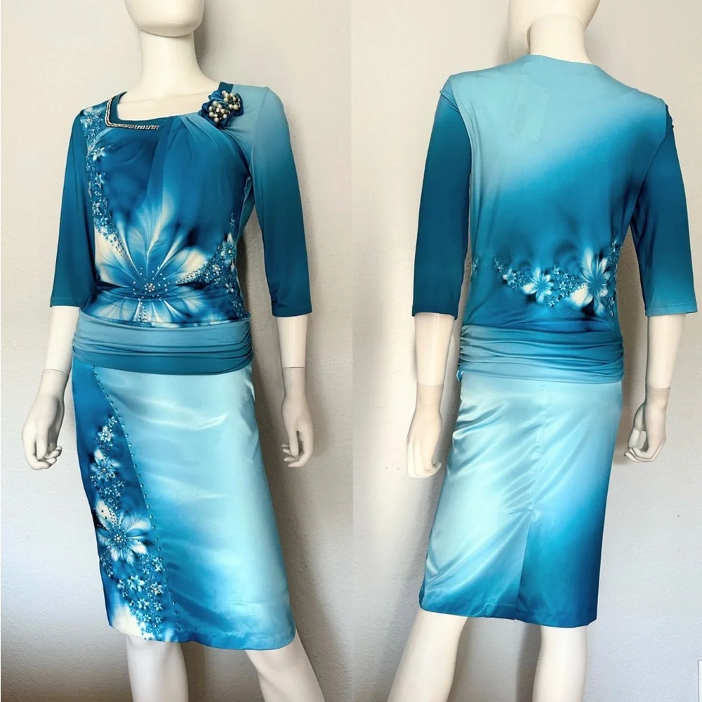 NWT POLEN POE SKIRT SET STRETCHY BLOUSE/SATIN PENCIL STYLE SKIRT 3/4‎ SLEEVES